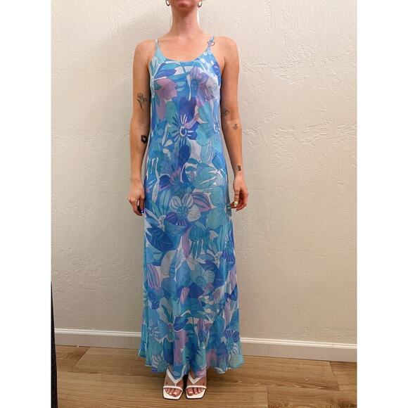 Vintage 90s/Y2K Blue Floral Chiffon Reversible Maxi Slip Dress - Picture 7 of 8